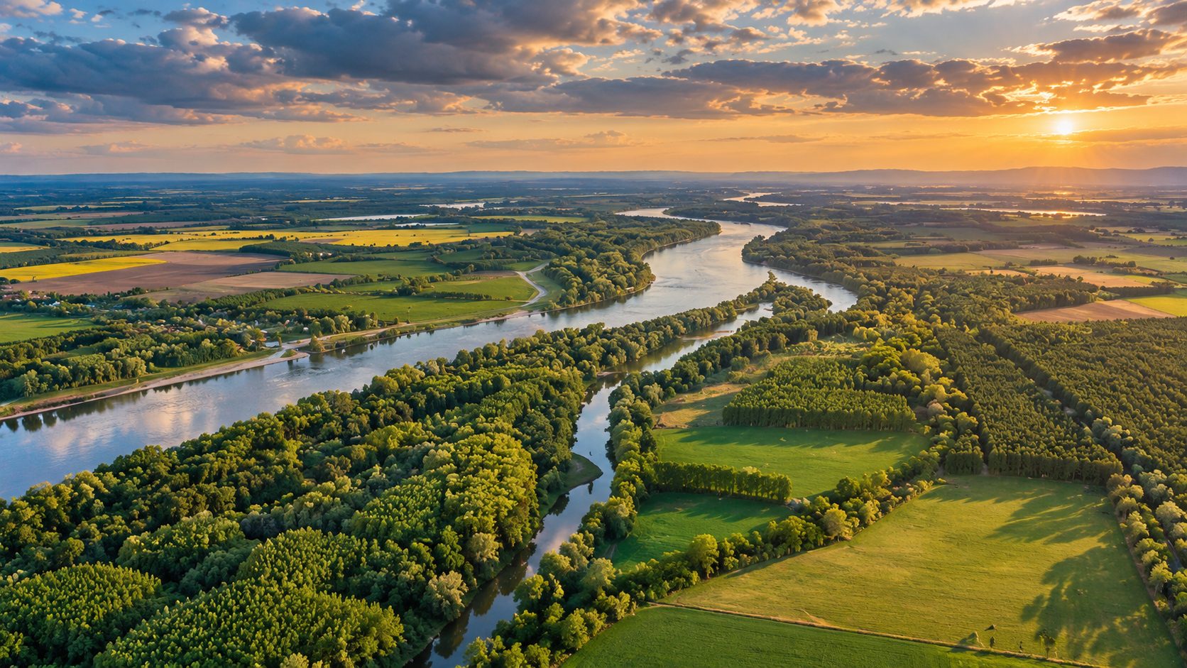 A Duna szigetvilága madártávlatból, széles folyóággal és erdős szigetekkel; fotóhatású, tematikus AI-illusztráció, nem helyszíni felvétel.