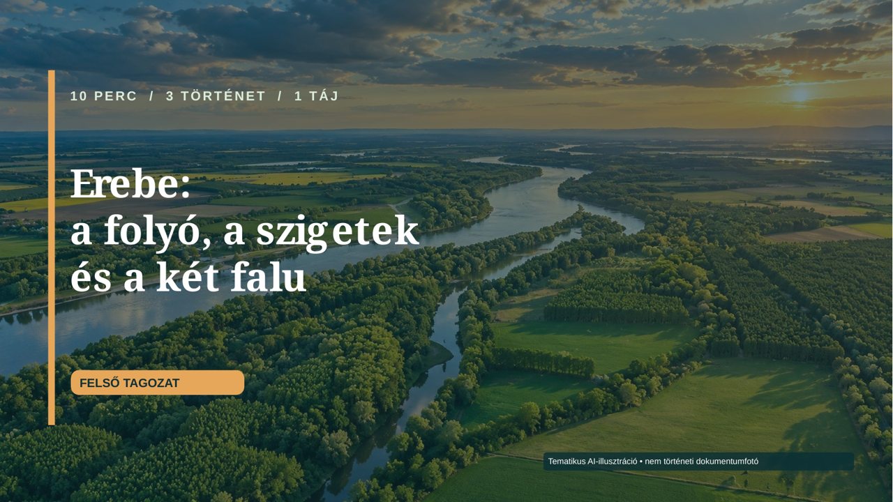 A felső tagozatos bemutató címlapjának előnézete: a folyó, a szigetek és a két falu.